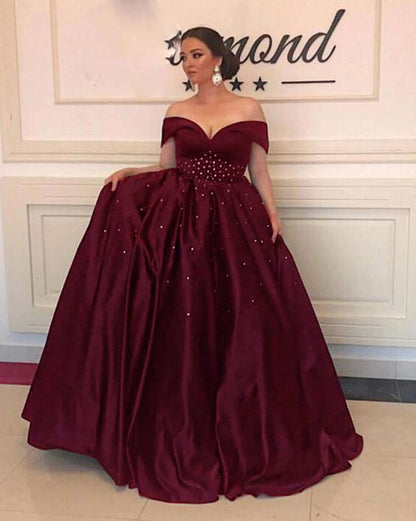 New burgundy off the shoulder beading long dress prom Dress    cg15295
