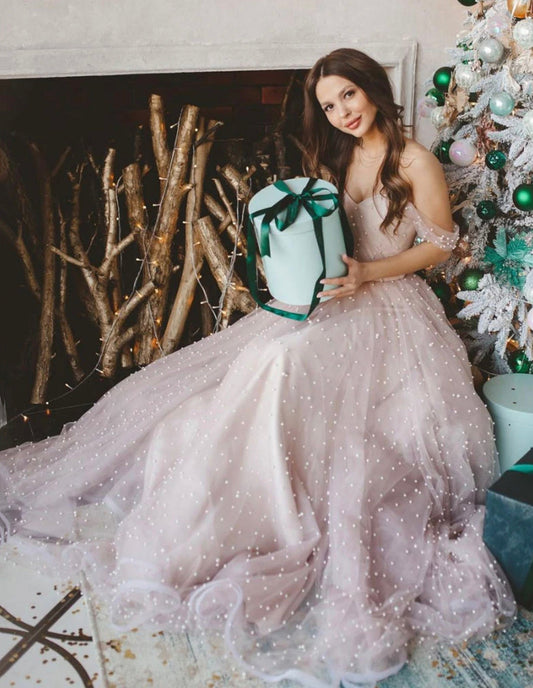 LIGHT PINK TULLE BEADS PROM DRESS EVENING DRESS    cg15307