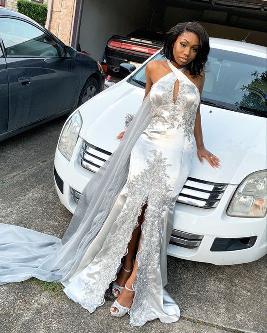 Silver prom dress with lace and cape    cg15350