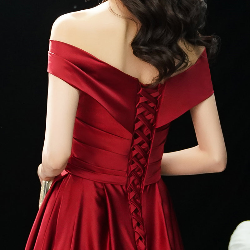 BURGUNDY V NECK SATIN LONG PROM DRESS, BURGUNDY EVENING DRESS   cg15414