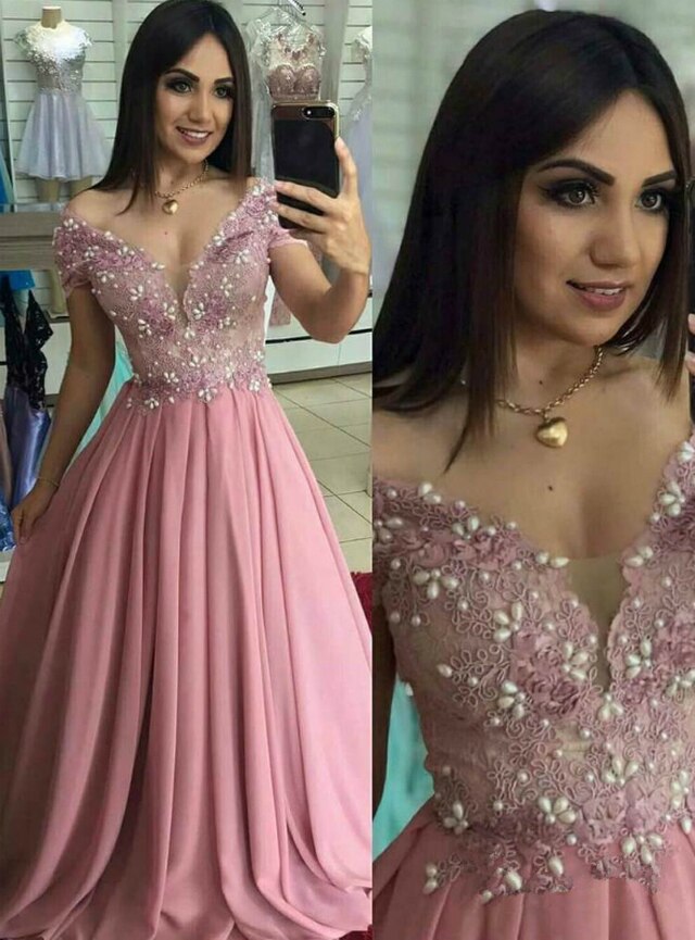 A-Line Pink Chiffon Off the Shoulder Appliques Prom Dress    cg15449