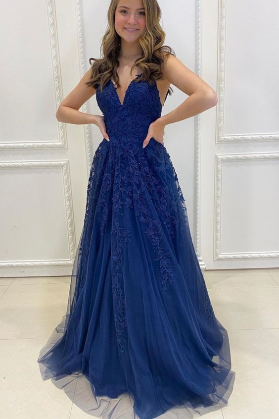 A-line Navy Blue Lace Long Prom Dress Evening Dress   cg15469