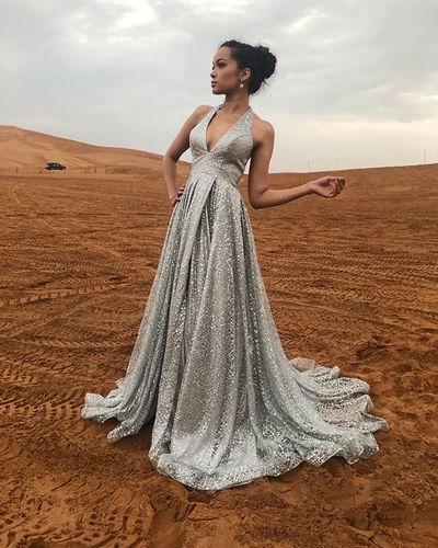 Luxurious A Line V Neck Sliver Long Prom/Evening Party Dress with Beading   cg15484