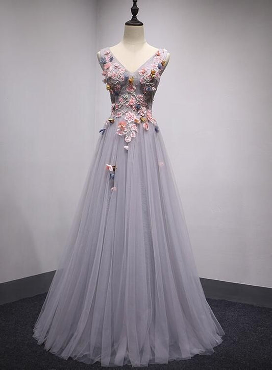 Dark Grey V-neckline Tulle with Flowers Long Prom Dress   cg15522
