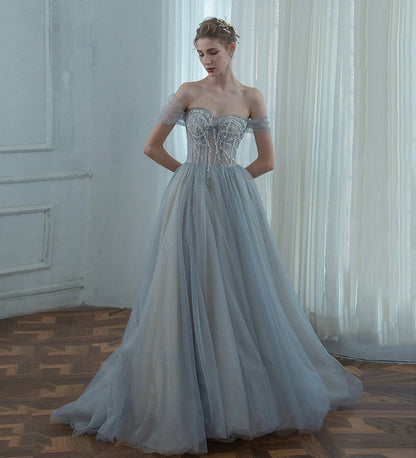 GREY TULLE BEADS LONG PROM DRESS EVENING DRESS   cg15622