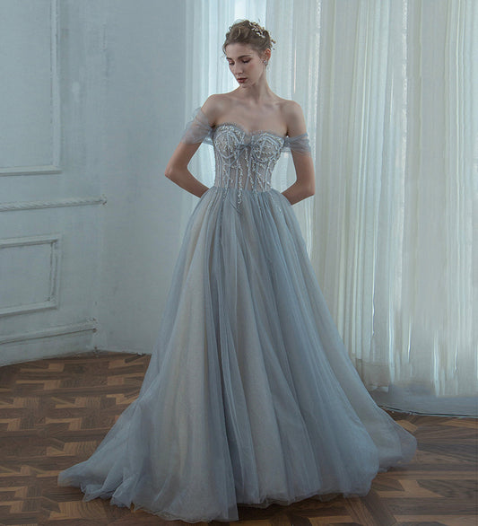 GREY TULLE BEADS LONG PROM DRESS EVENING DRESS   cg15622