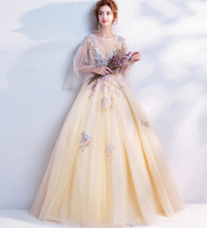 CHAMPAGNE LACE APPLIQUE LONG PROM DRESS EVENING DRESS   cg15623