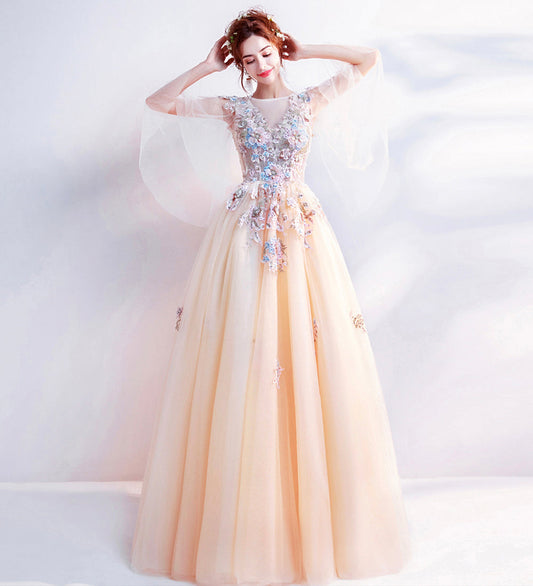 CHAMPAGNE LACE APPLIQUE LONG PROM DRESS EVENING DRESS   cg15623