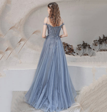 BLUE TULLE LONG PROM DRESS BLUE EVENING DRESS   cg15661