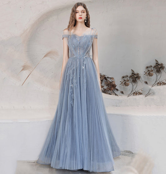 BLUE TULLE LONG PROM DRESS BLUE EVENING DRESS   cg15661