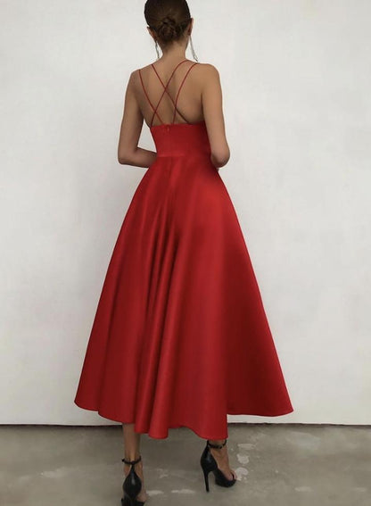 Red satin short A line prom dress red evening dress   cg15675