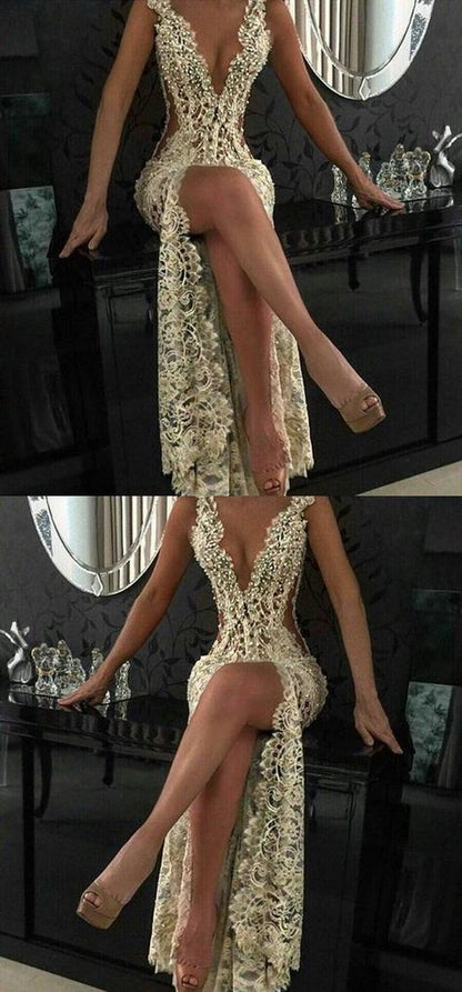 Custom Charming Lace Prom Dress,Sexy Deep V-Neck Evening Dress  cg1568