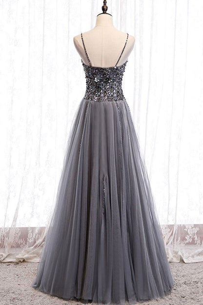 GRAY TULLE SWEETHEART NECK SEQUIN LONG PROM DRESS GRAY FORMAL DRESS   cg15684