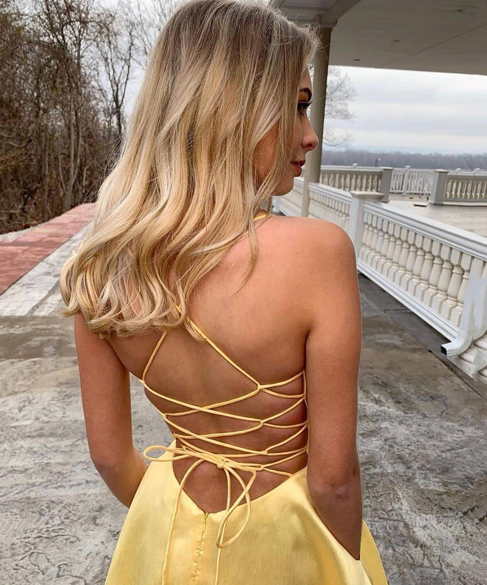 YELLOW SATIN LONG A LINE PROM DRESS EVENING DRESS    cg15686