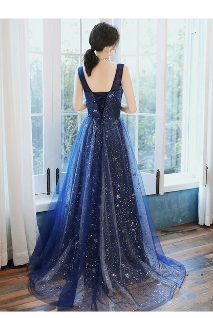 Charming Navy Blue Long Party Dress With Sequins, Blue Evening Gown Prom Dress   cg15749