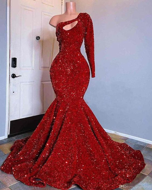 Red Sequined Mermaid Prom Dresses One Shoulder Long Sleeve Sequined Keyhole Prom Gowns   cg15792