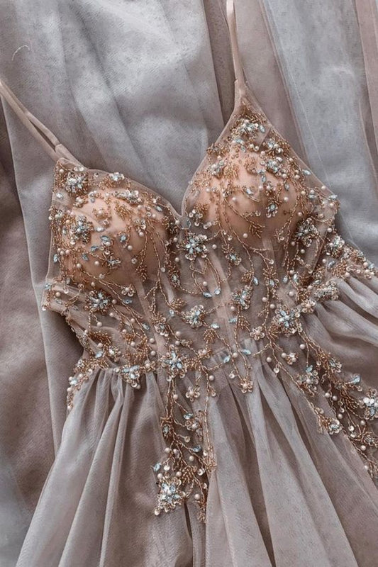 elegant straps beaded rosewood tulle long evening dress prom gown    cg15800