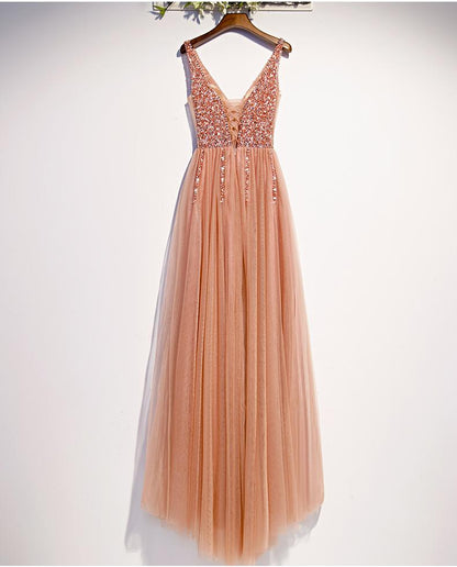 Pearl Pink Beaded Slit V-Neckline Long Junior Prom Dress, Pink Evening Dress    cg15814