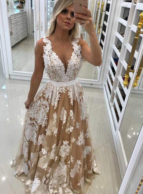 Sheer Back Deep V neck Evening Prom Dresses with Pearls Appliques   cg15817