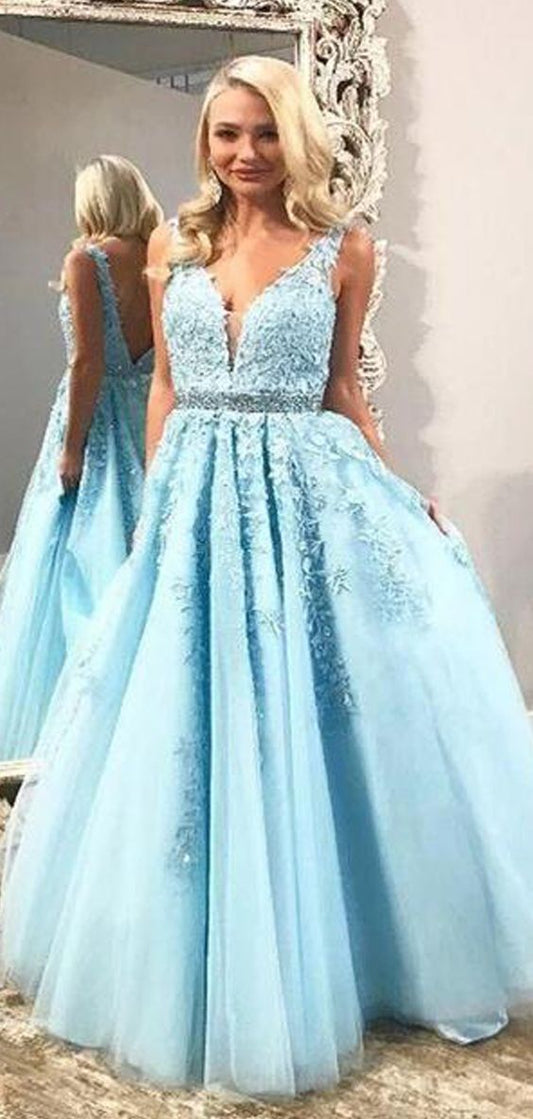 Charming Blue V-Neck Tulle Prom Dresses With Lace    cg15831
