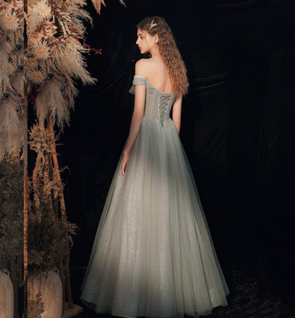 SHINY TULLE SEQUINS LONG PROM DRESS GREEN EVENING DRESS    cg15864