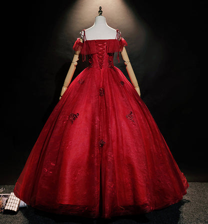 BURGUNDY LACE LONG BALL GOWN DRESS FORMAL DRESS LONG PROM DRESS     cg15865