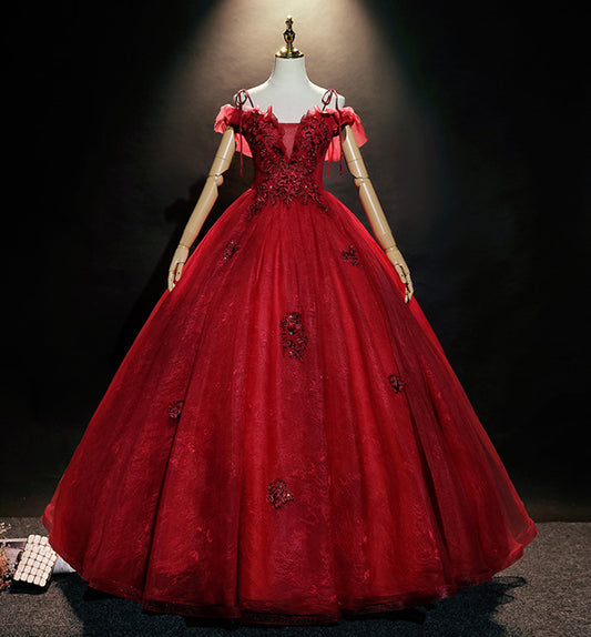 BURGUNDY LACE LONG BALL GOWN DRESS FORMAL DRESS LONG PROM DRESS     cg15865