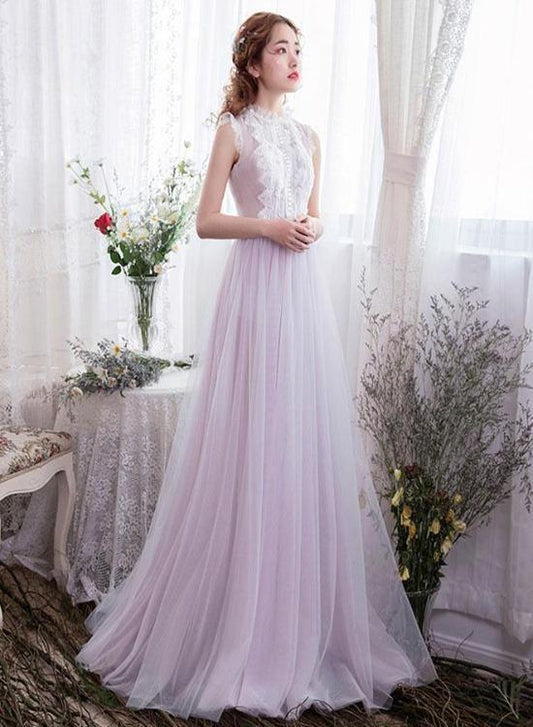 Light Lavender Tulle With Lace Long Evening Dress, Elegant Prom Dress Formal Dress   cg15882