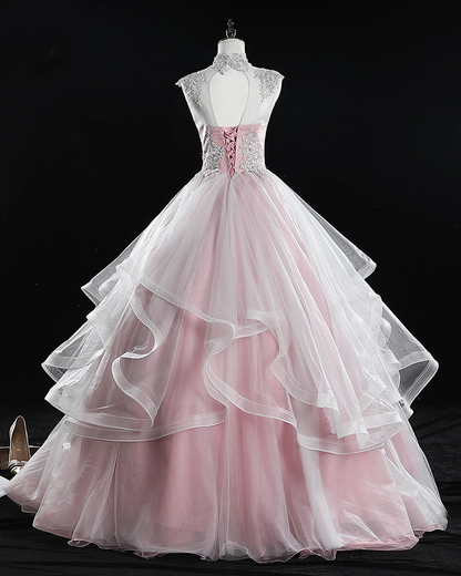 Pink High Neck Tulle Lace Long Prom Dress, Pink Sweet 16 Gown   cg15884
