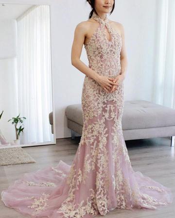 HALTER NECK MERMAID LACE PROM DRESSES OPEN BACK   cg15909