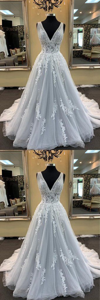 Gray Tulle V Neck Long Lace Up Sweep Train Evening Dress, Prom Dress With Applique   cg15910