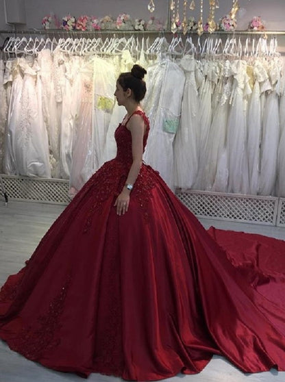 New Elegant Burgundy Lace Beaded Prom Dress,Ball Gown Long Train Formal Dresses,Quinceanera Dresses   cg15930