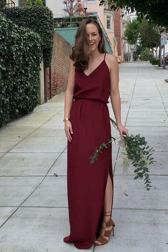 V-Neck Floor-Length Burgundy prom Dress cg1595