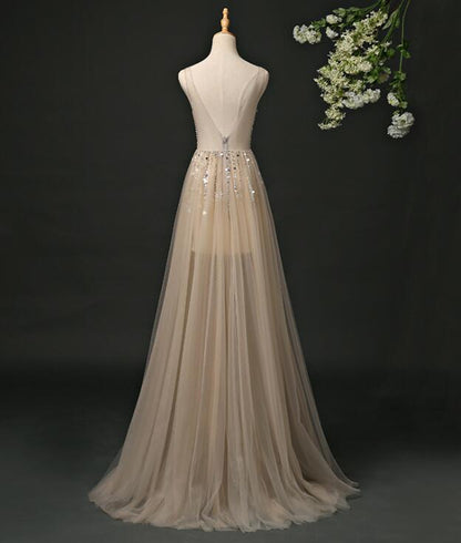 Champagne V-Neckline Tulle Sequins Long Party Dress, A-Line Formal Dress Prom Dress   cg15994