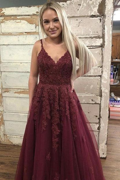 Burgundy V Neck Backless Lace Long Prom Dress,   cg16015