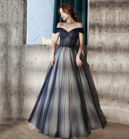 BLUE TULLE BEADS LONG PROM DRESS BLUE EVENING DRESS   cg16053
