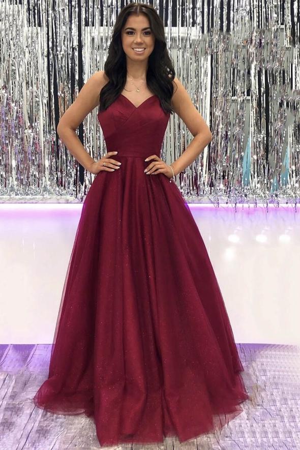 Burgundy v neck tulle long prom dress evening dress   cg16074
