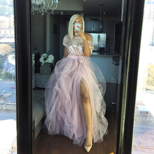 High slit tulle skirt, Long Skirt Outfits prom dress   cg16111