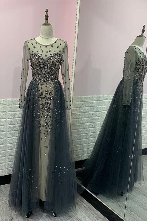 Grey Dubai Evening prom Dress with Long Sleeves and Train   cg16274