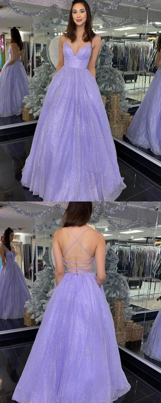 Spaghetti Straps Lavender Sequin Prom Dress with Pockets   cg16289