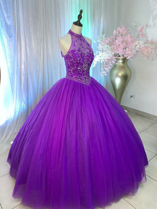 Halter Purple Prom Dress , Tulle Prom Dress   cg16322