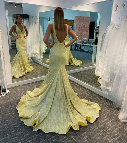 Plunge Yellow Mermaid Evening Dress prom dress  cg16327