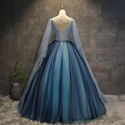 Blue Tulle Ball Gown Long Sweet 16 Dress With Lace Applique, Prom Dress   cg16360
