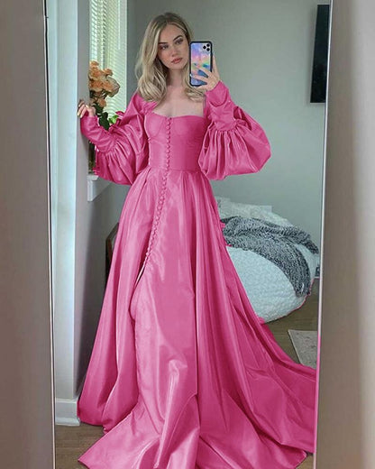 Princess A Line Satin Baby Blue /Pink Bishop Sleeves Prom Party Dresses with Slit Formal Gowns Buttons   cg16369