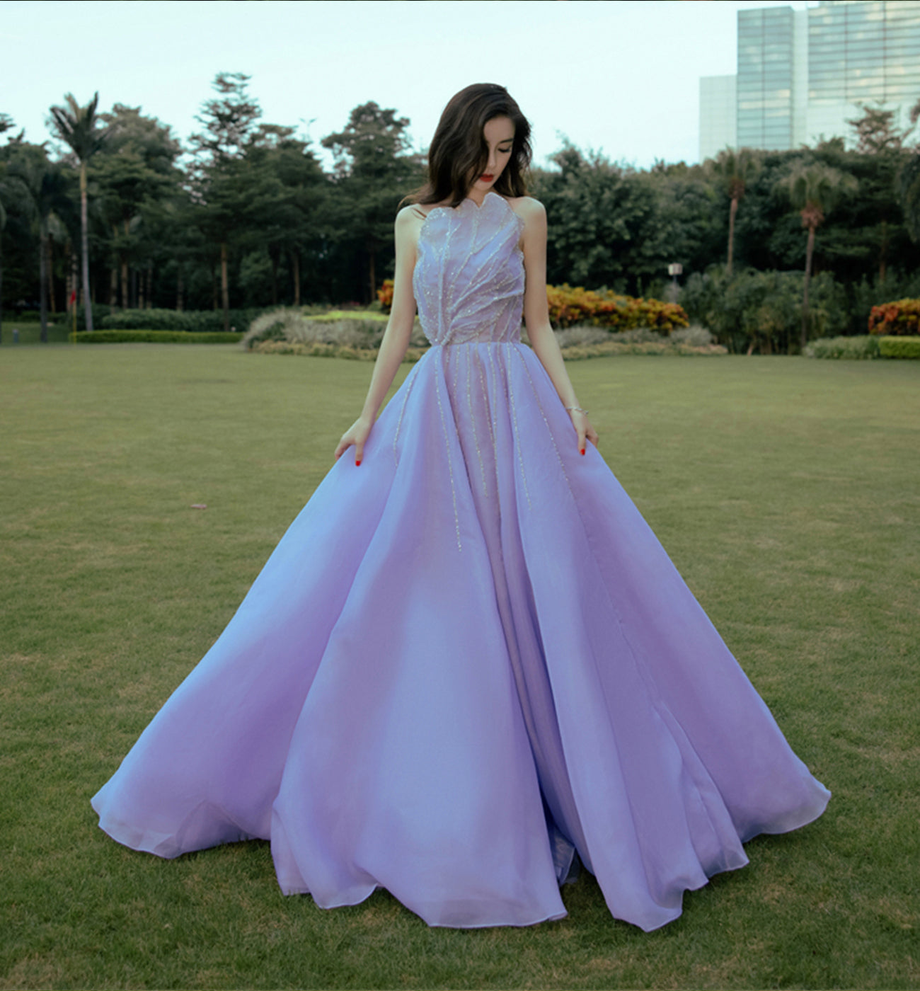 UNIQUE TULLE LONG LILAC PROM DRESS A LINE EVENING DRESS    cg16370