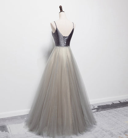 GREY V NECK TULLE LONG PROM DRESS EVENING DRESS   cg16371