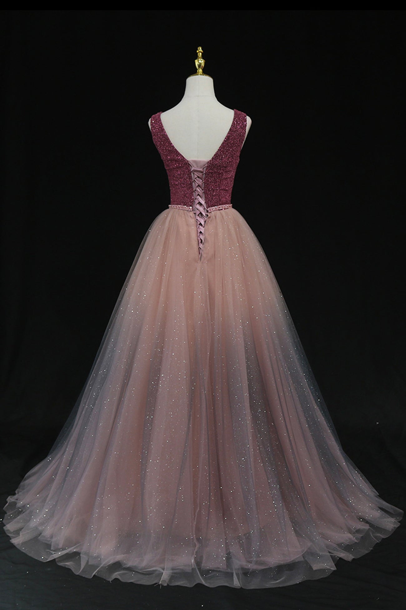 SHINY V NECK TULLE LONG PROM GOWN FORMAL DRESS    cg16422