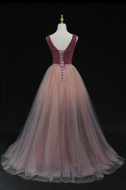 SHINY V NECK TULLE LONG PROM GOWN FORMAL DRESS    cg16422