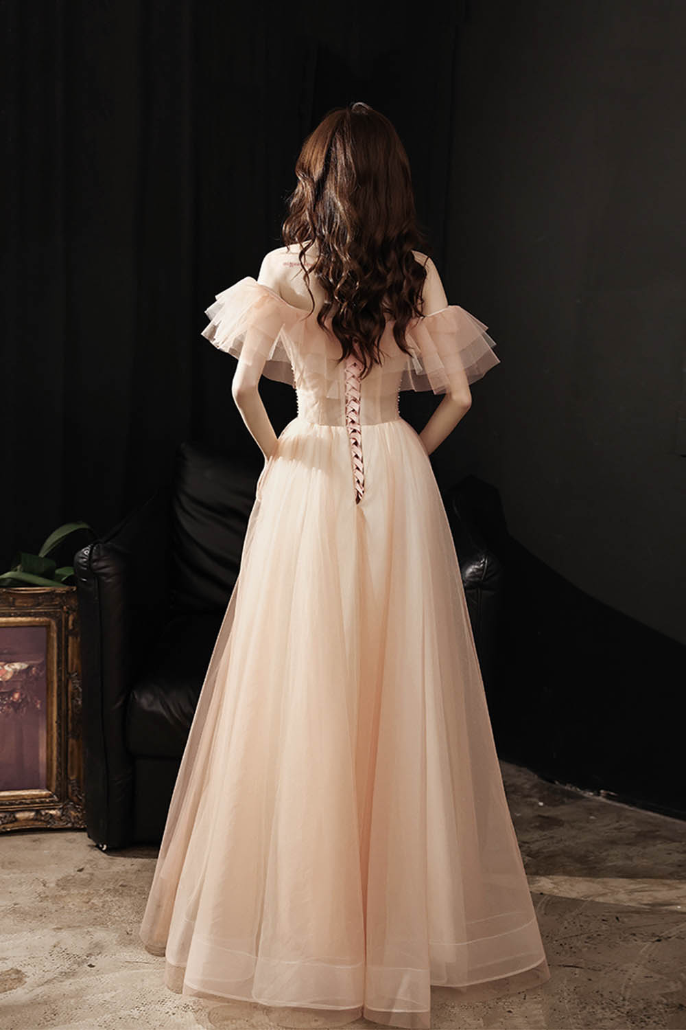 PINK TULLE SEQUINS LONG PROM DRESS EVENING DRESS    cg16424