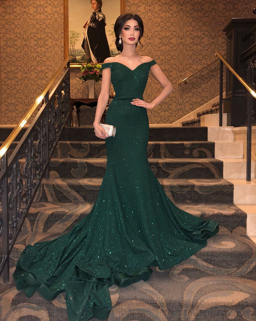 Dark Green Mermaid Off the Shoulder Long Evening Dres   cg16429